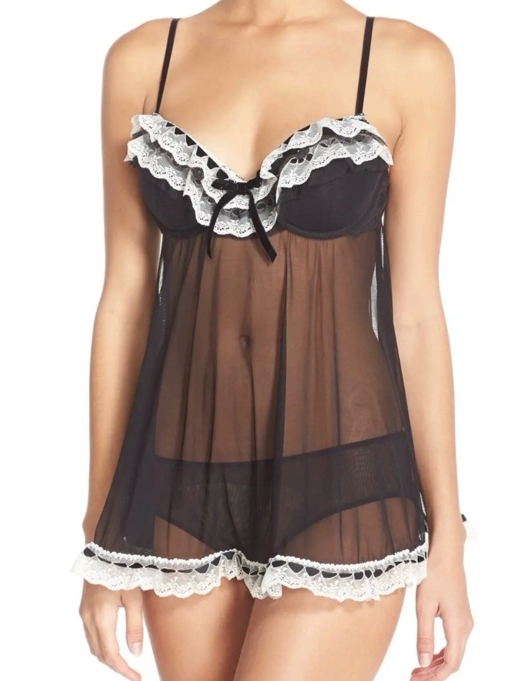 Cassandra intimates Sheer Black Babydoll Chemise with White Lace Trim size s